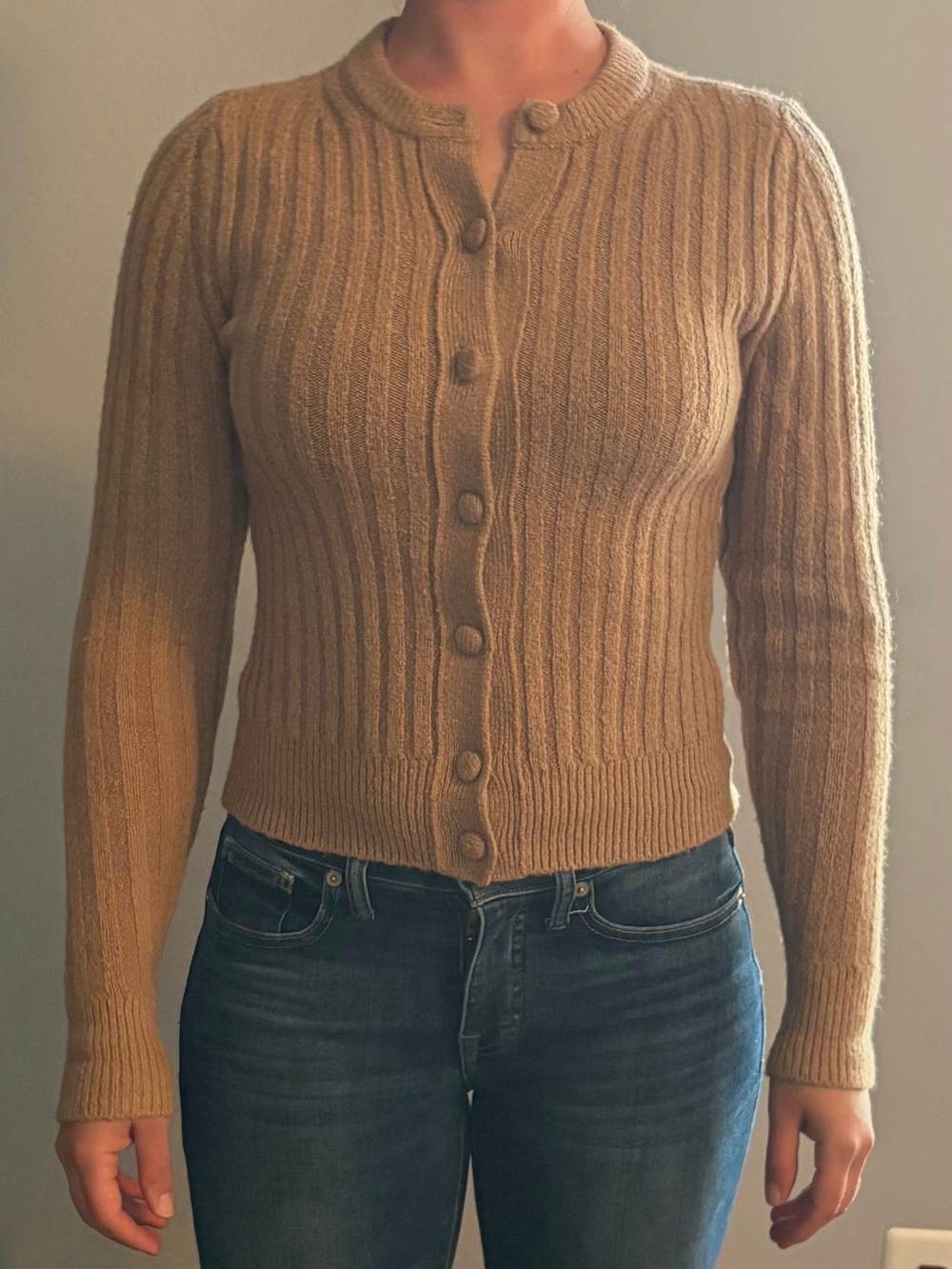 Madewell Ribbed Button-Front Cardigan in Camel